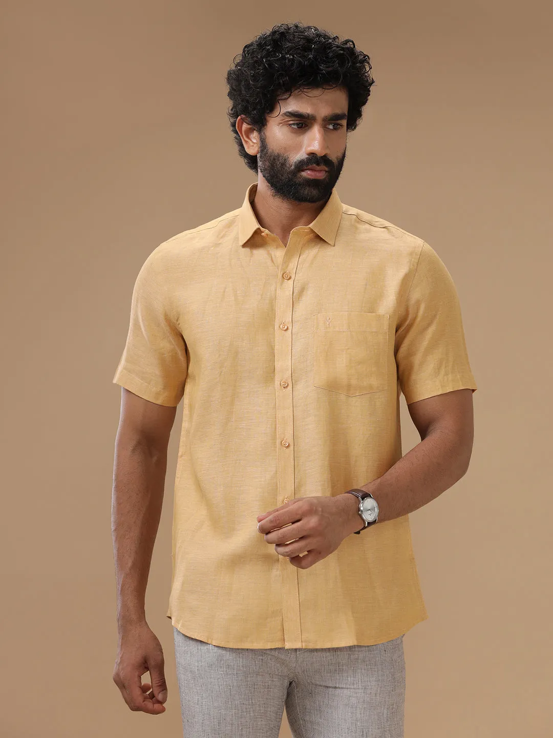 Men Pure Linen Shirt Light Orange - L96