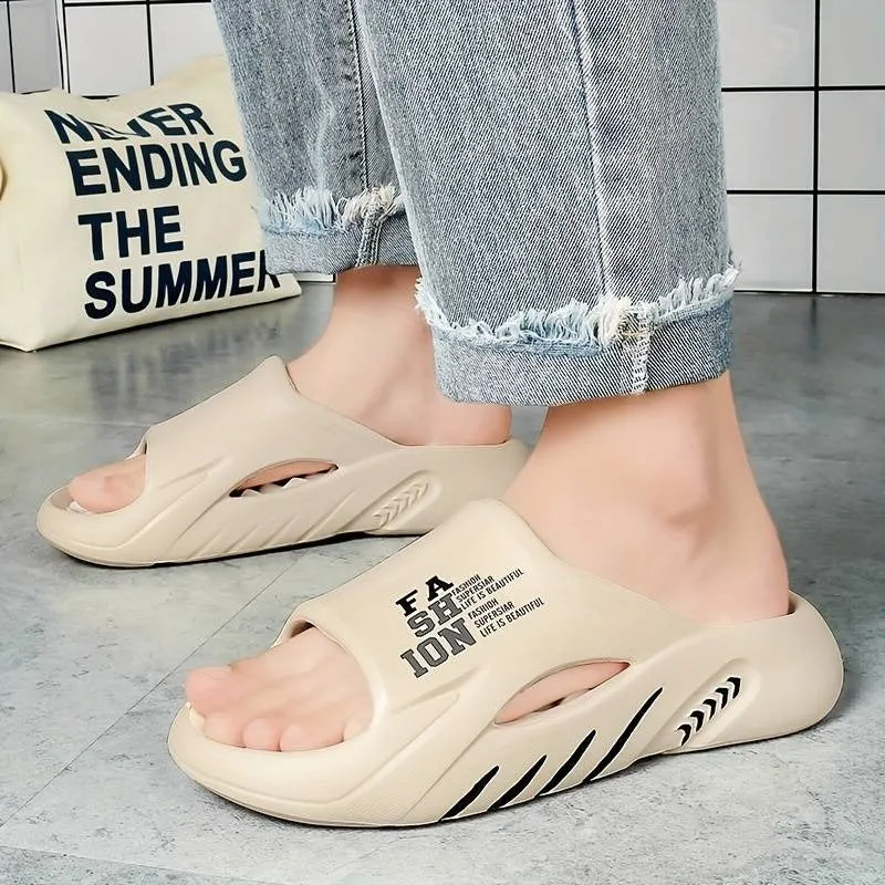 Men's Alphabet Print Soft-Sole EVA Slides Non Slip Open Toe Slippers Trendy Beach Shoes | WN58