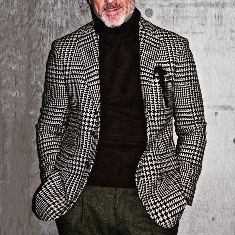 Mens Blazer  Slim Fit Wool Blend  Houndstooth Pattern  Single Breasted Formal Wear