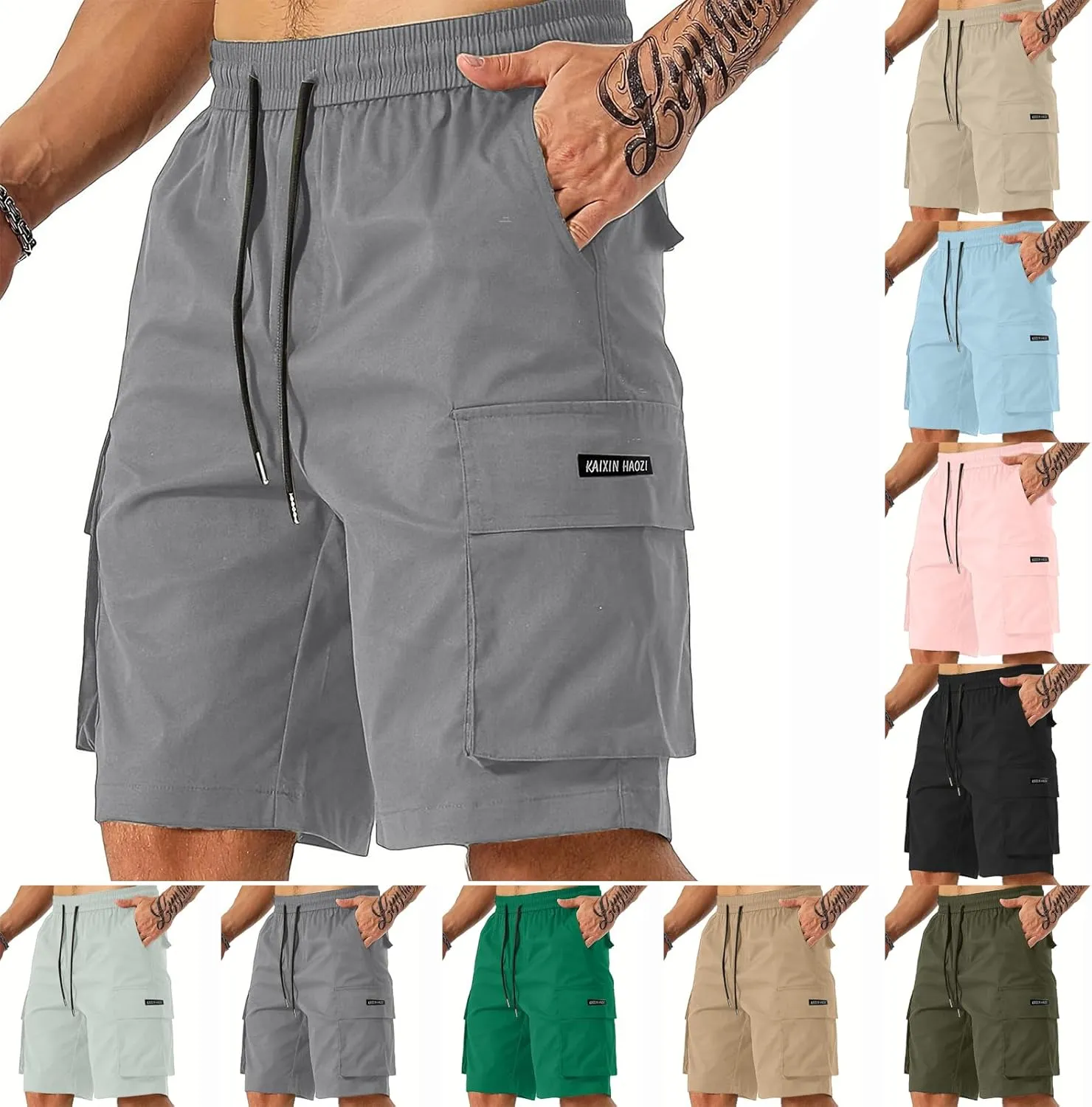 Mens Cargo Shorts Big and Tall Elastic Waist Long Fishing Hiking Shorts Drawstring Lounge Beach Pants Multi Pockets