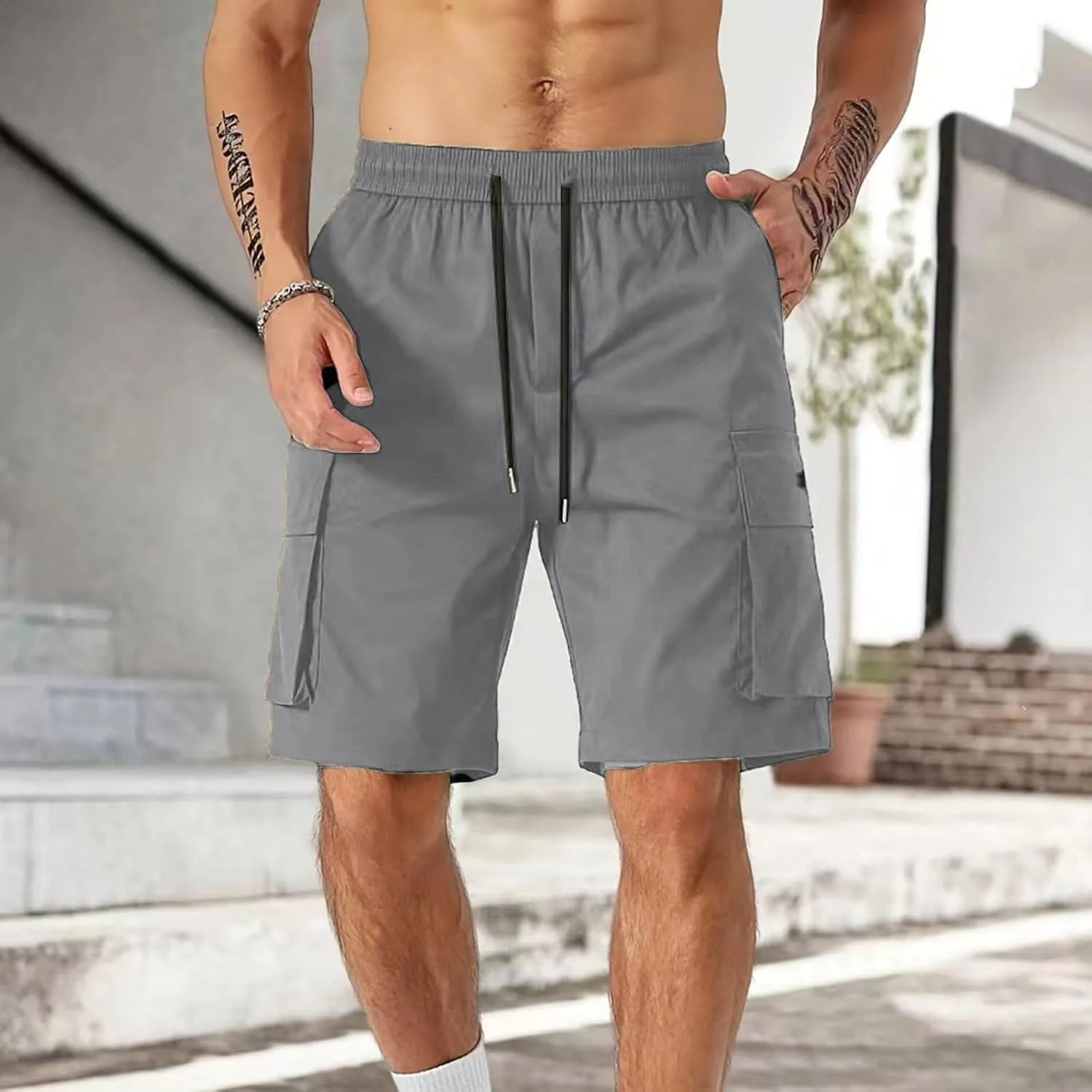 Mens Cargo Shorts Big and Tall Elastic Waist Long Fishing Hiking Shorts Drawstring Lounge Beach Pants Multi Pockets