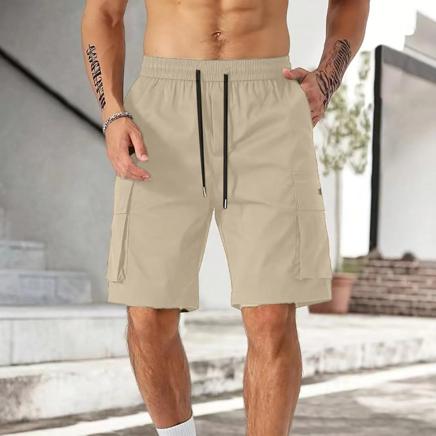 Mens Cargo Shorts Big and Tall Elastic Waist Long Fishing Hiking Shorts Drawstring Lounge Beach Pants Multi Pockets