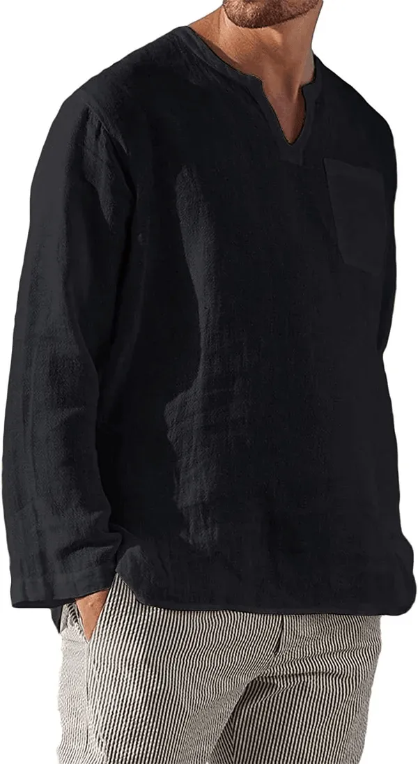 Men's Casual Long Sleeve V-neck Loose Linen Shirt