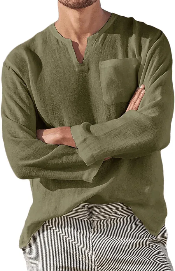 Men's Casual Long Sleeve V-neck Loose Linen Shirt