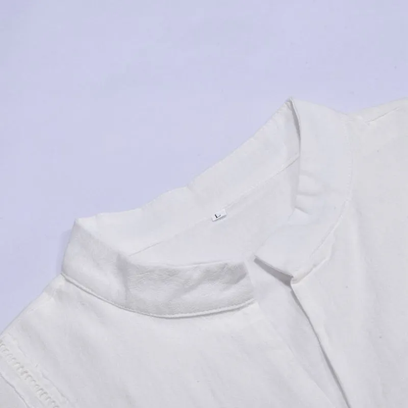 Men's Casual Solid Color Linen Stand-Up Collar Buttoned Long-Sleeved Shirt 15650253M