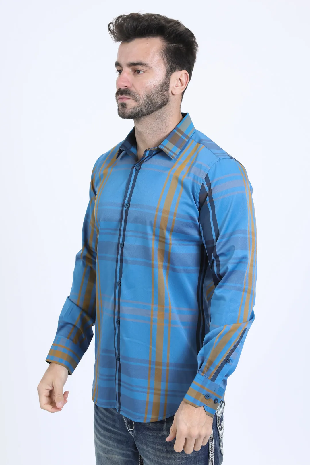 Mens Checkered Long Sleeve Dk. Blue Shirt