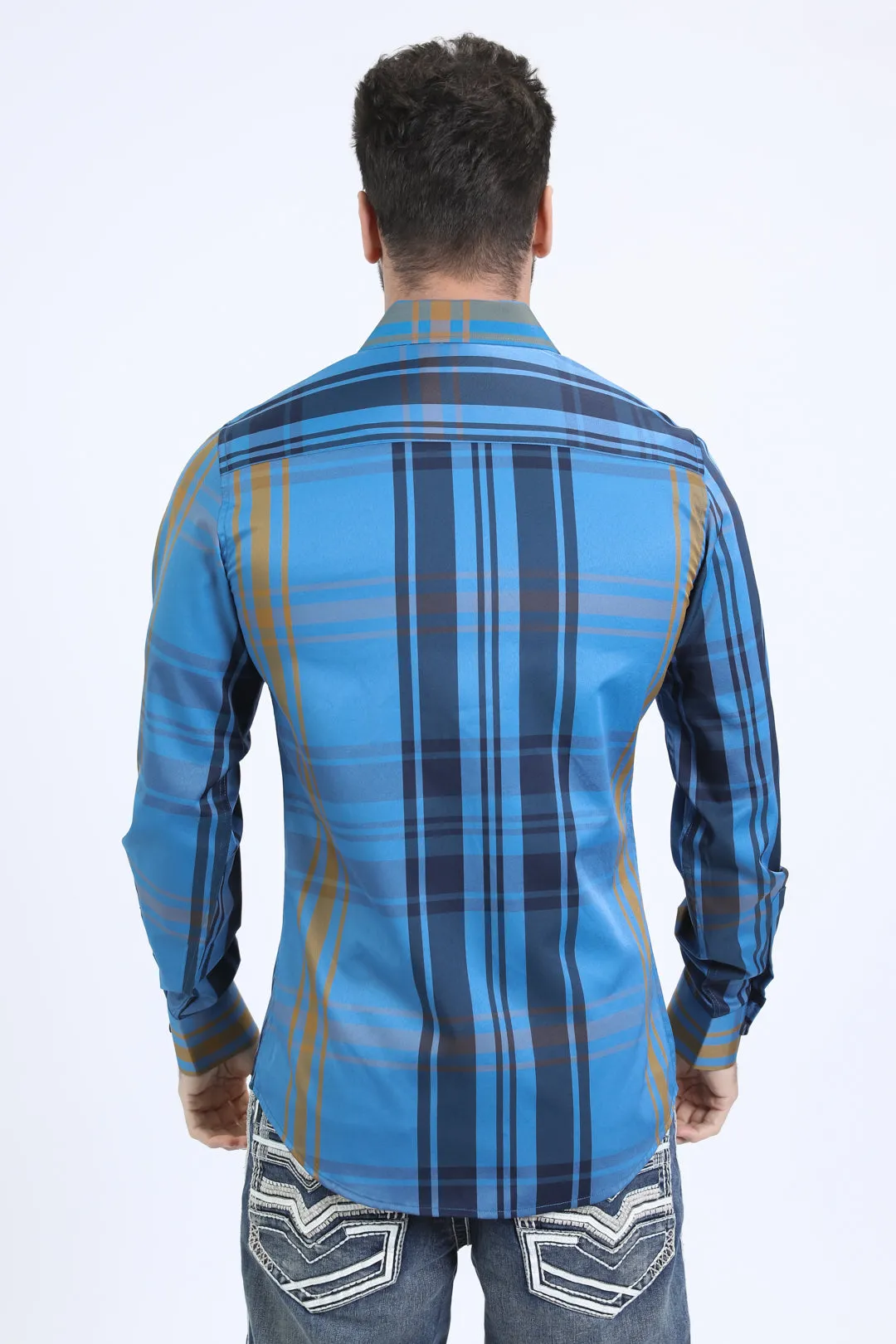 Mens Checkered Long Sleeve Dk. Blue Shirt