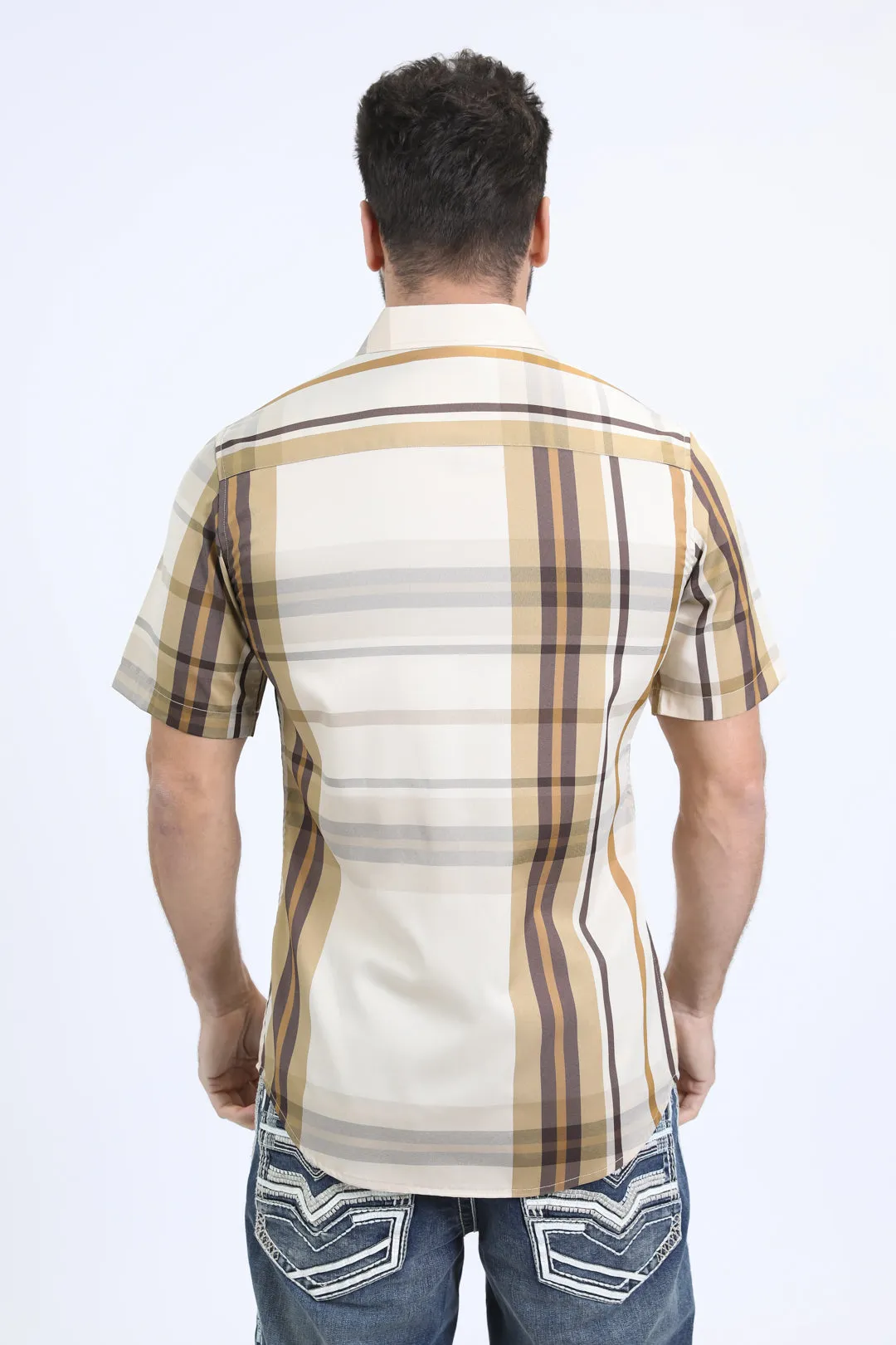 Mens Checkered Short Sleeve Beige Shirt