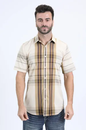 Mens Checkered Short Sleeve Beige Shirt