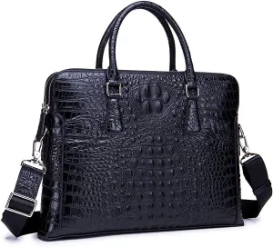 Mens Crocodile Pattern Genuine Leather Business Shoulder Briefcase Large Capacity Computer Handbag Crossbody Messenger Bags, Black, L, Briefcase