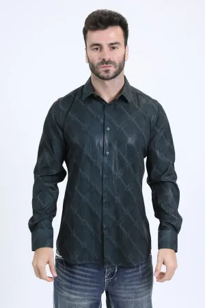 Mens Modern Fit Stretch Foil Fashion Olive Shirt