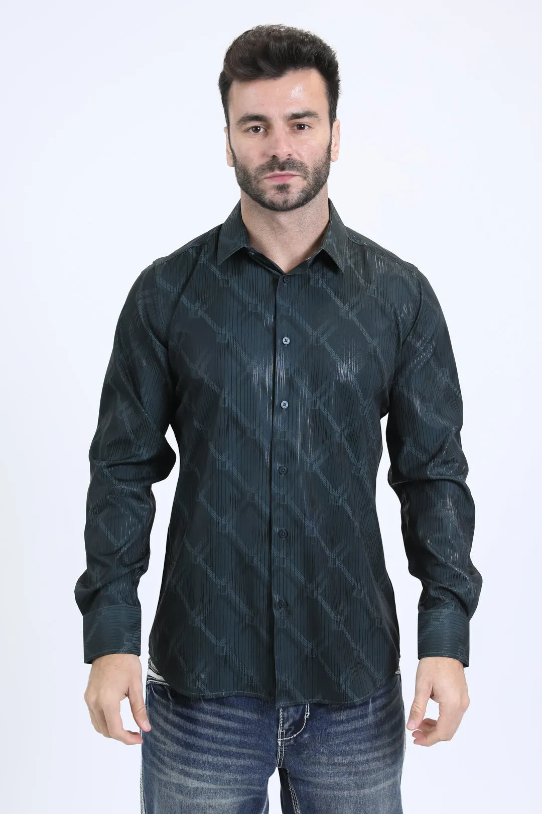 Mens Modern Fit Stretch Foil Fashion Olive Shirt
