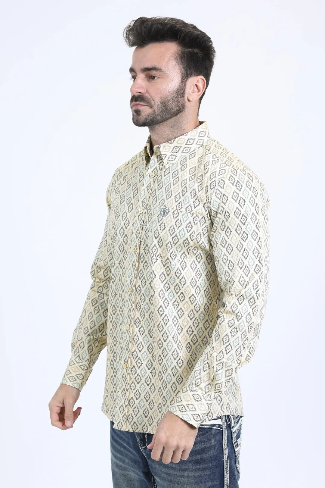 Mens Satin Cotton Modern Fit Navy Long Sleeve Beige Shirt