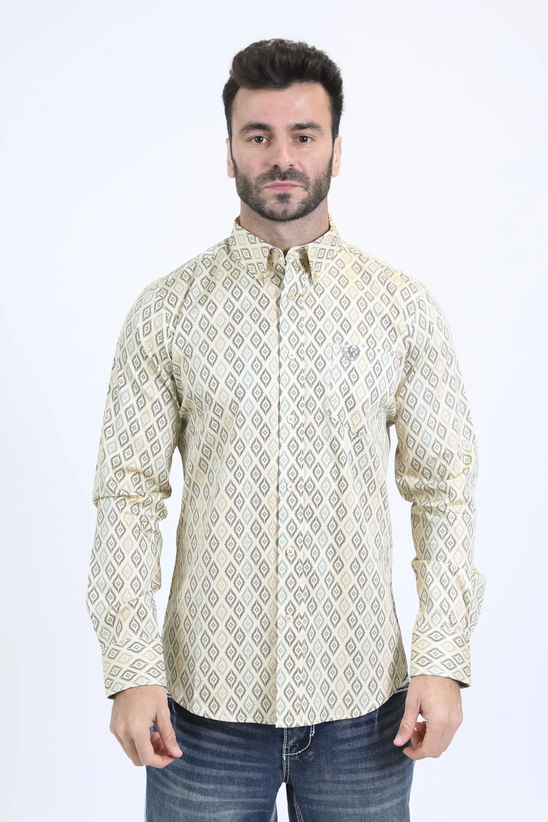 Mens Satin Cotton Modern Fit Navy Long Sleeve Beige Shirt