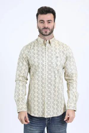 Mens Satin Cotton Modern Fit Navy Long Sleeve Beige Shirt