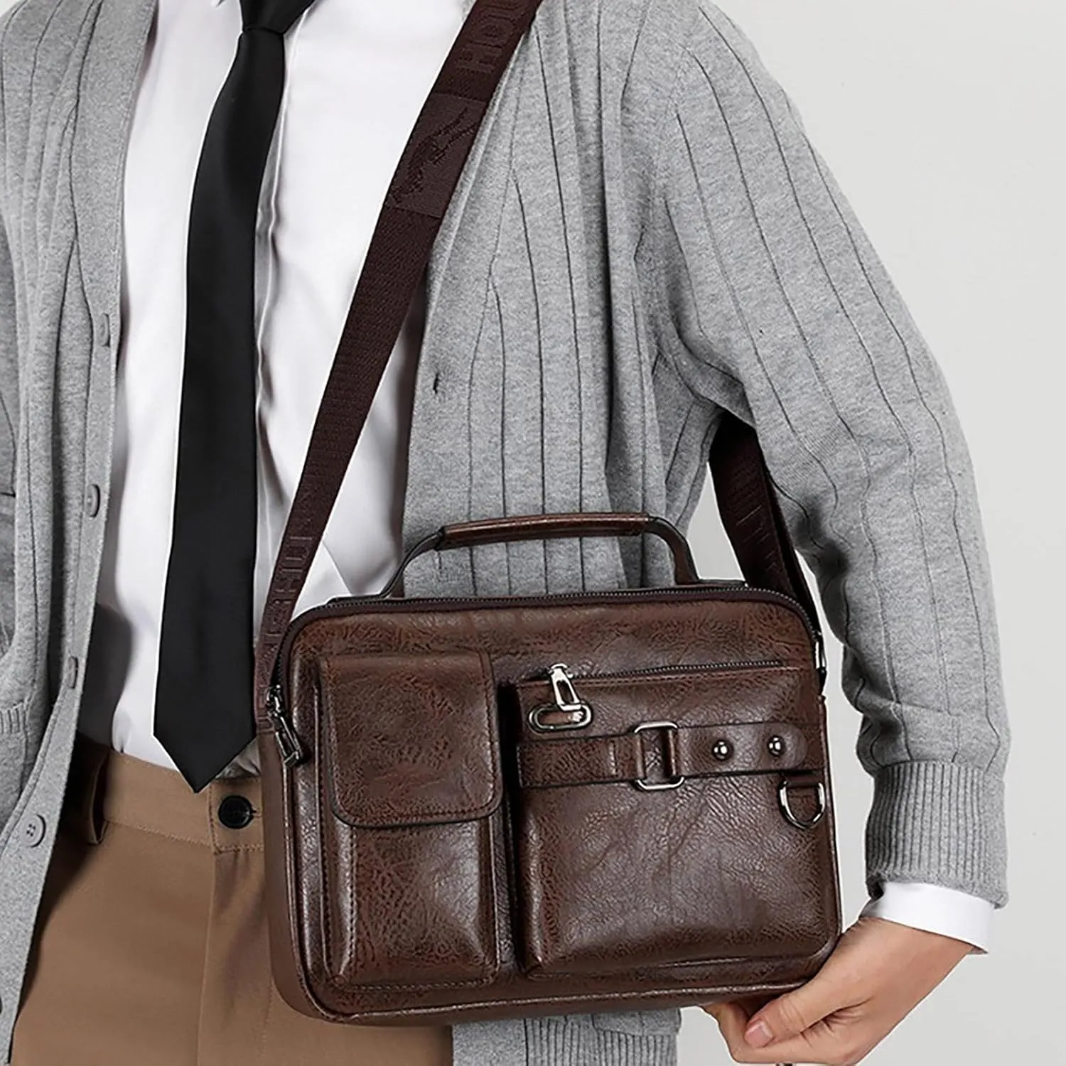 Men's Shoulder Bag Crossbody Bag Large Capacity PU Retro Briefcase Multifunctional Leather Bags Computer Bags