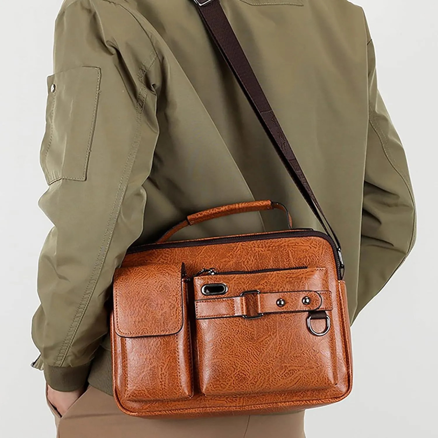 Men's Shoulder Bag Crossbody Bag Large Capacity PU Retro Briefcase Multifunctional Leather Bags Computer Bags