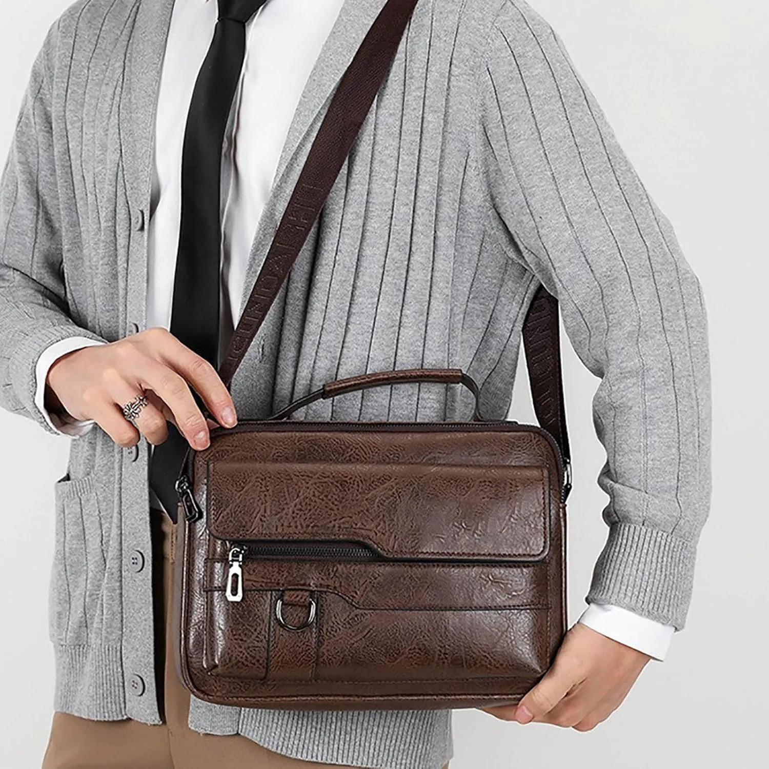 Men's Shoulder Bag Crossbody Bag Large Capacity PU Retro Briefcase Multifunctional Leather Bags Computer Woman