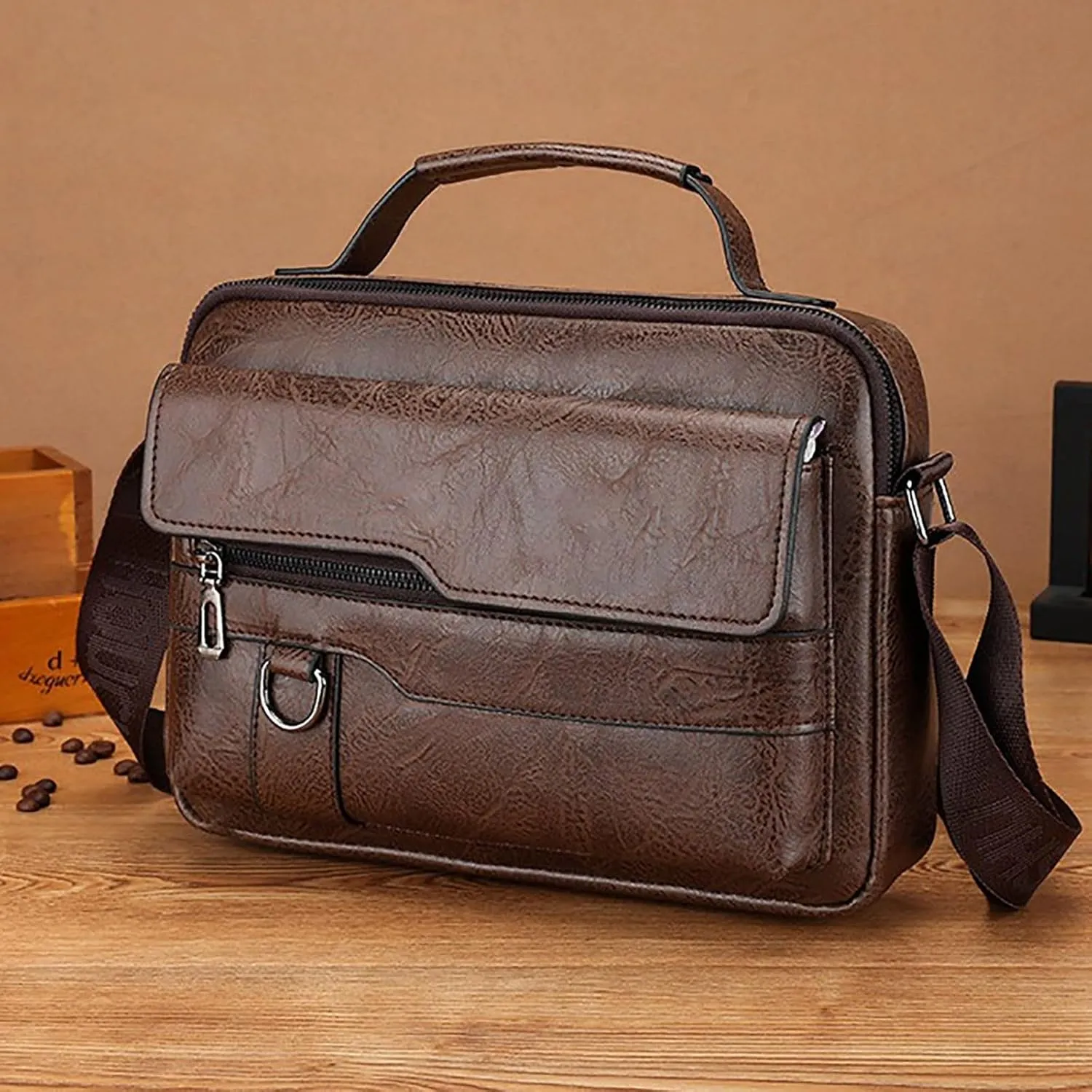 Men's Shoulder Bag Crossbody Bag Large Capacity PU Retro Briefcase Multifunctional Leather Bags Computer Woman