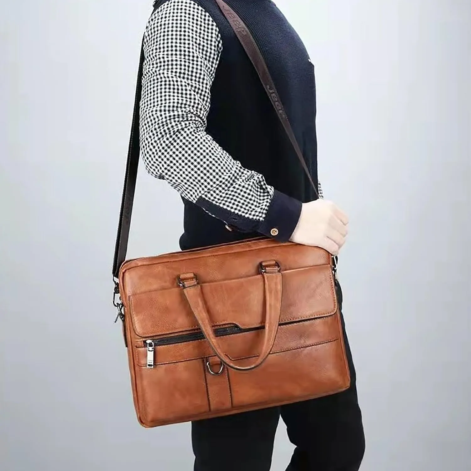Men's Shoulder Bag Crossbody Bag Large Capacity PU Retro Briefcase Multifunctional Leather Guitar Straps for Handbags