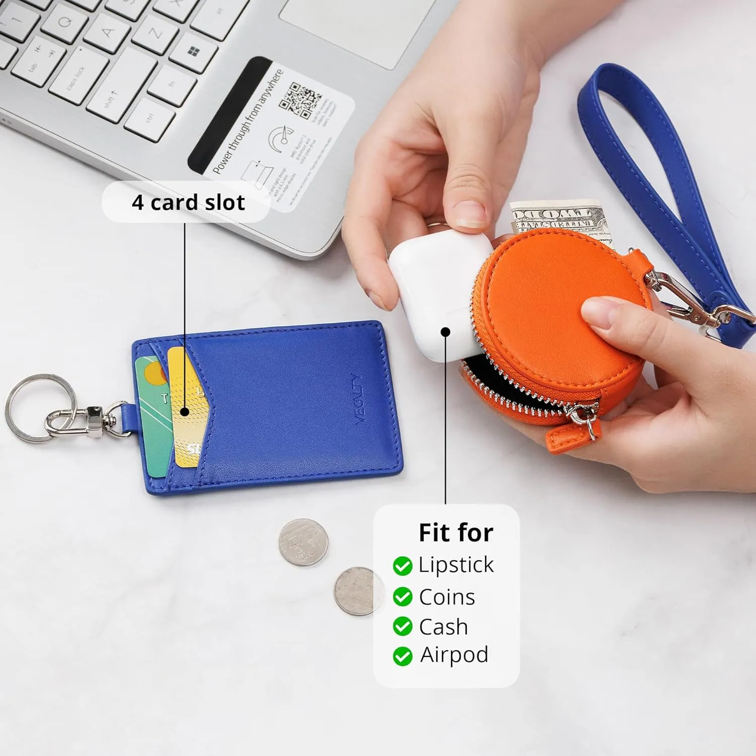 Microfiber Leather Keychain Wristlet Wallet for Women Dual Pouch Wristlet Mini Purse with Card Holder Women Wallet Portable Landyard Coin Purse Keychain Wallet