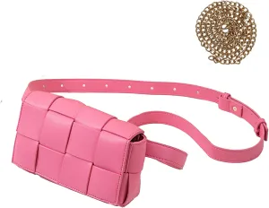 Mini Woven Lether Purse Crossbody, Waist Pack Bag with Adjustable Belt, Fanny Packs Purse, Shoulder Handbags (Rose red)