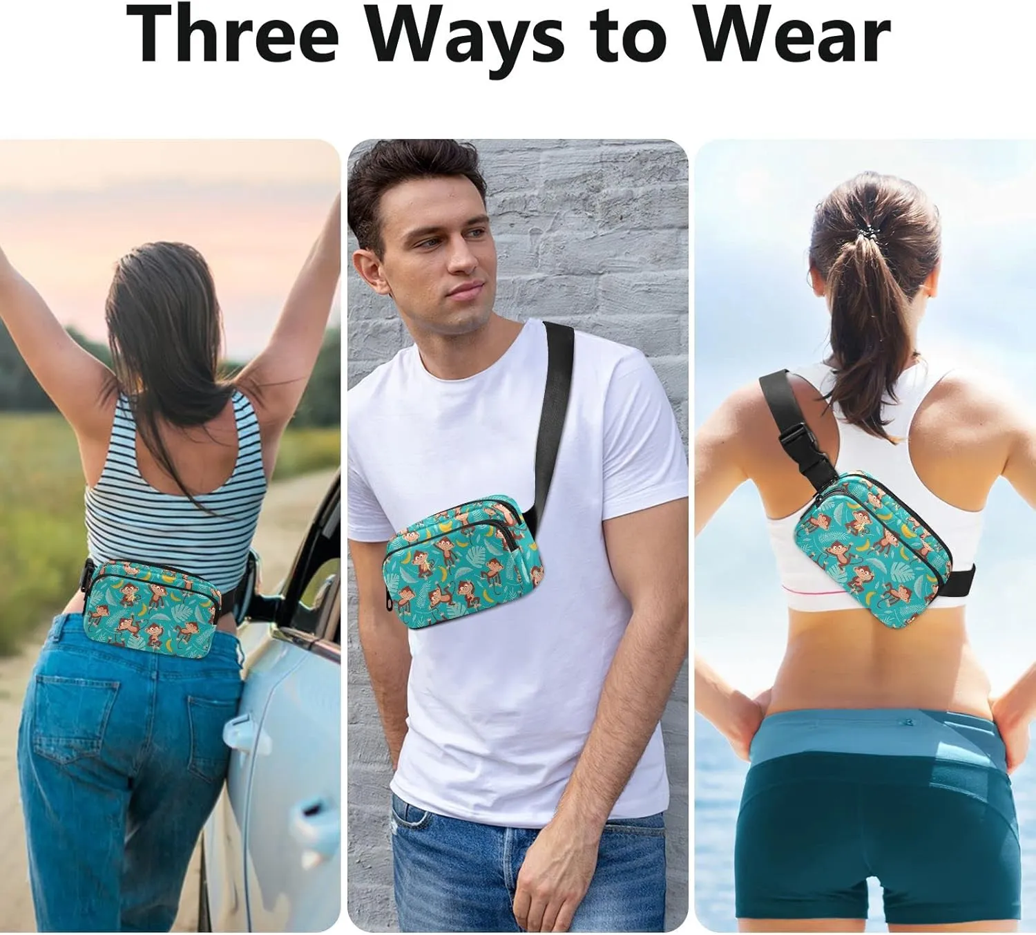 Monkey Banana Fanny Packs for Women & Men Waterproof Waist Pack Fashion Casual Crossbody Bags Hip Bum Bag with Adjustable Strap Hands Free for Outdoors, Hiking, Running, Travel