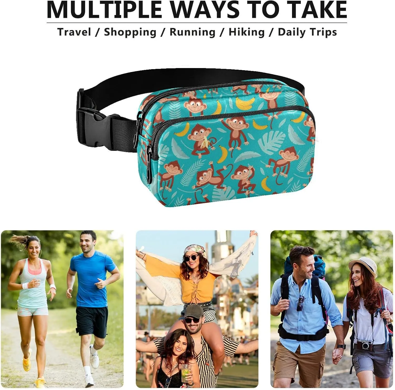 Monkey Banana Fanny Packs for Women & Men Waterproof Waist Pack Fashion Casual Crossbody Bags Hip Bum Bag with Adjustable Strap Hands Free for Outdoors, Hiking, Running, Travel