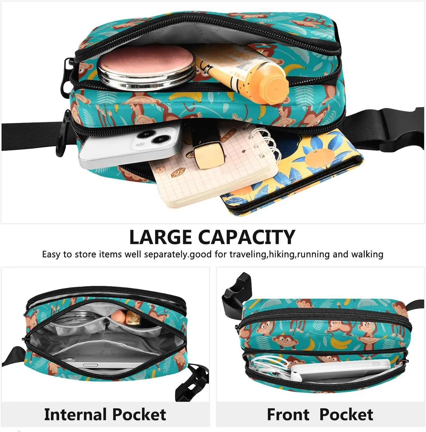 Monkey Banana Fanny Packs for Women & Men Waterproof Waist Pack Fashion Casual Crossbody Bags Hip Bum Bag with Adjustable Strap Hands Free for Outdoors, Hiking, Running, Travel