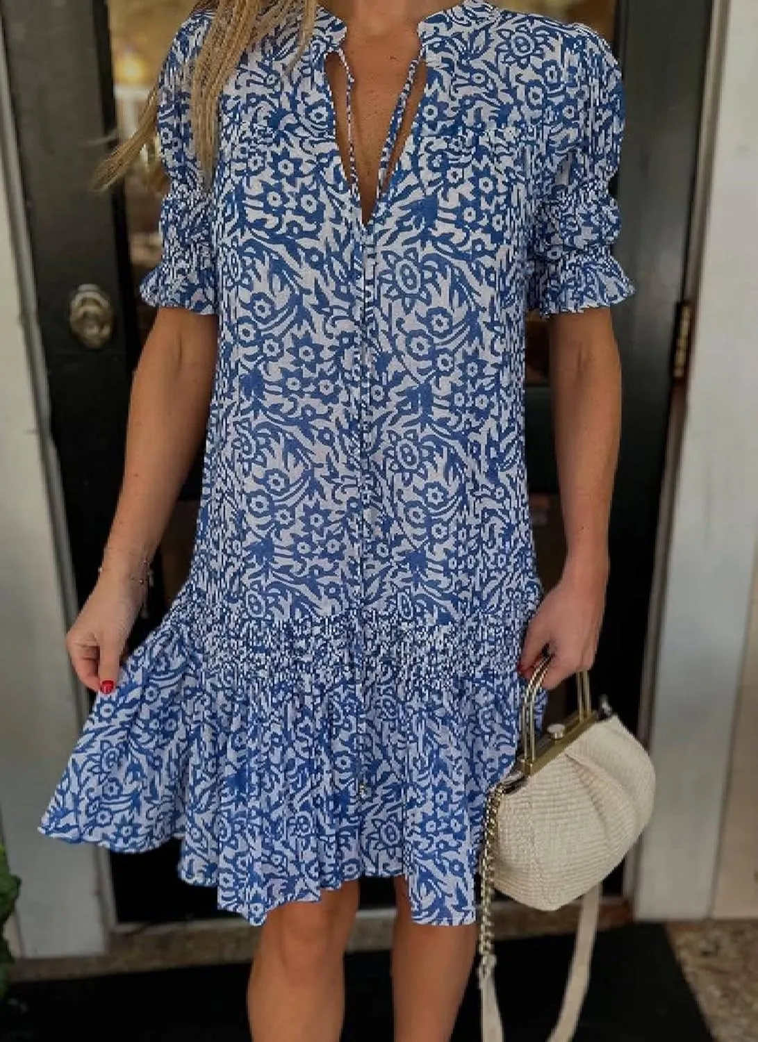 Navy Mini Dress for Women V Neck Puff Sleeve Boho Floral Print Ruffle Casual Flowy A-Line Beach Vacation Mini Dresses