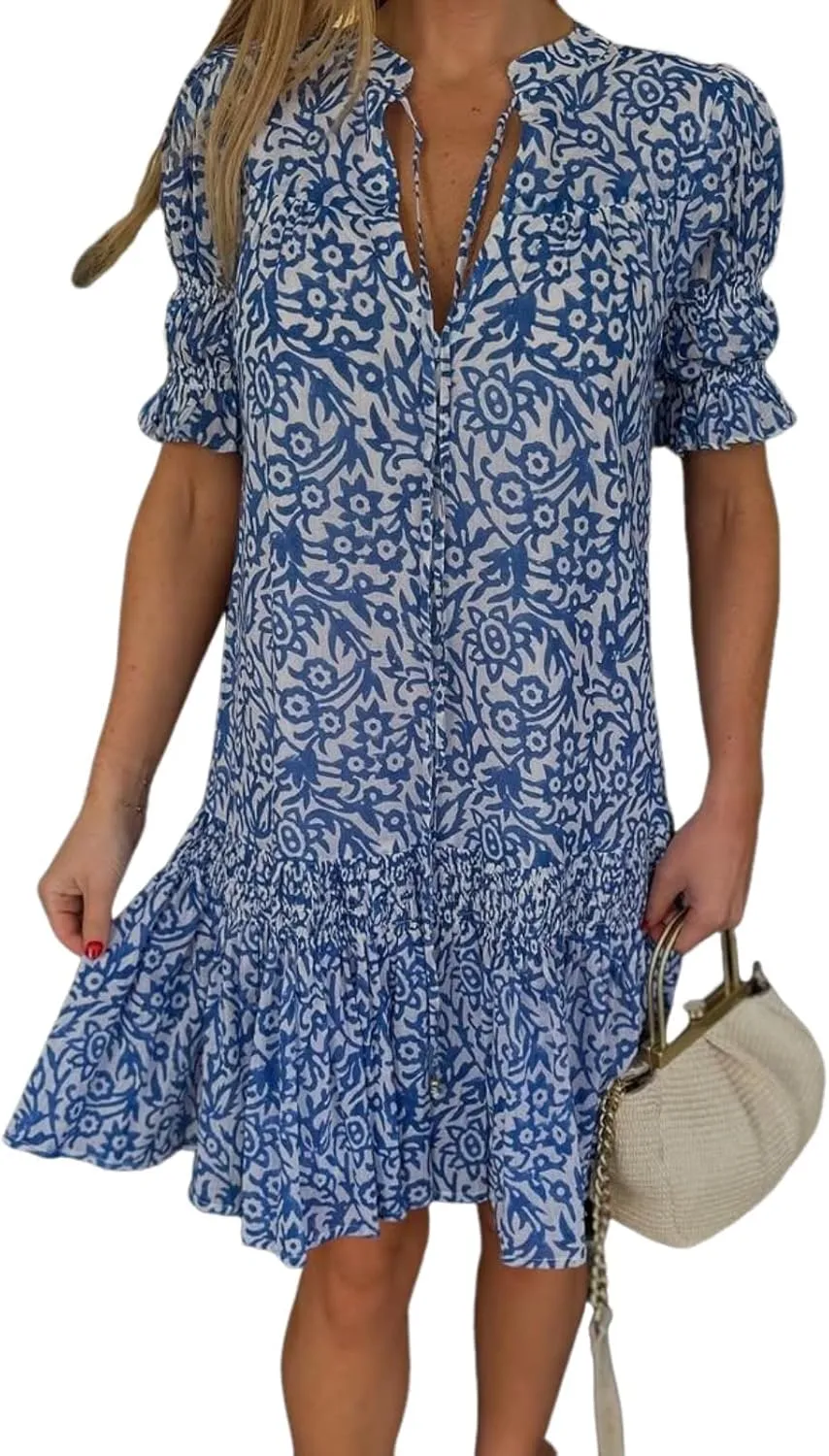 Navy Mini Dress for Women V Neck Puff Sleeve Boho Floral Print Ruffle Casual Flowy A-Line Beach Vacation Mini Dresses