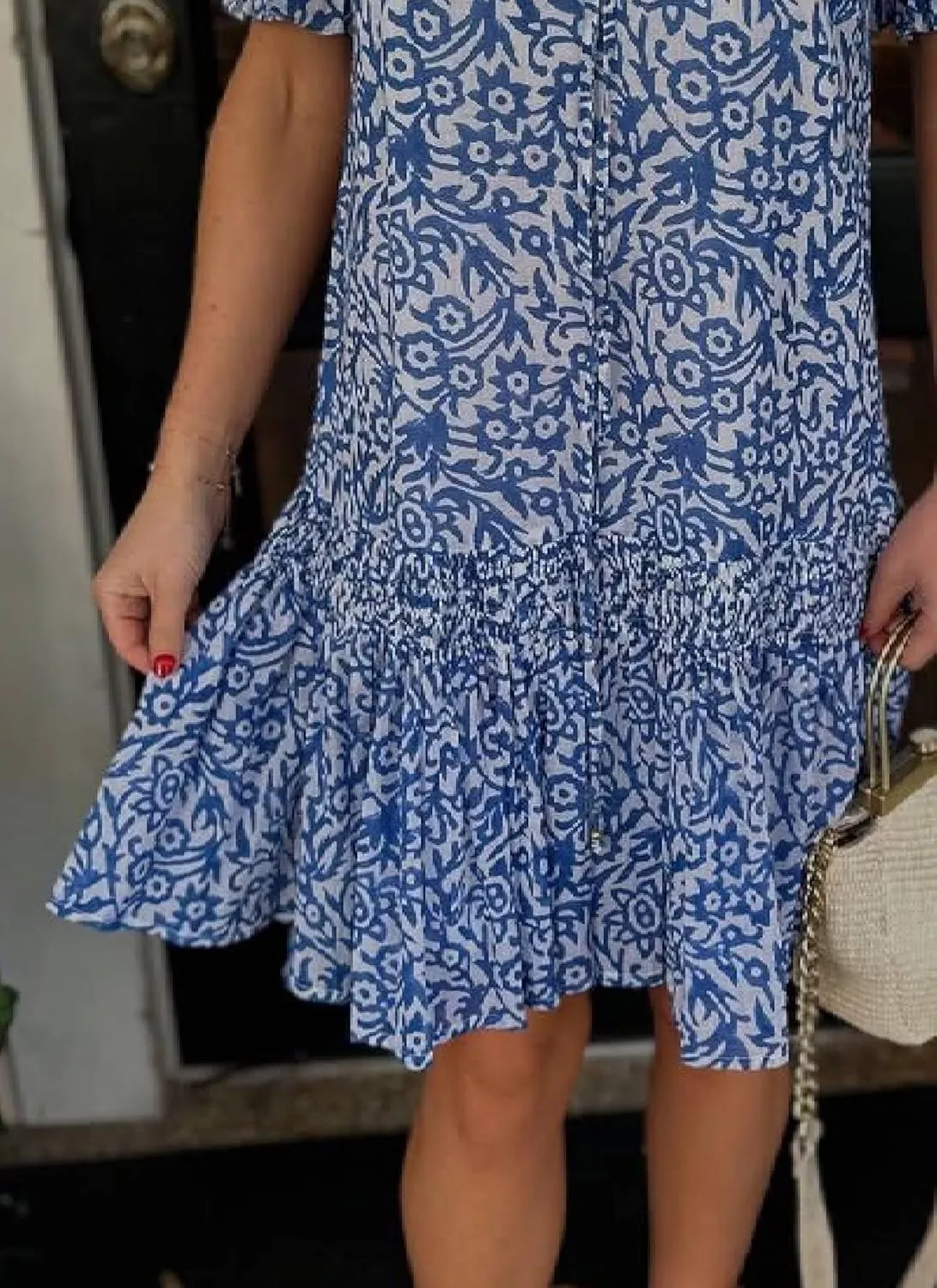 Navy Mini Dress for Women V Neck Puff Sleeve Boho Floral Print Ruffle Casual Flowy A-Line Beach Vacation Mini Dresses