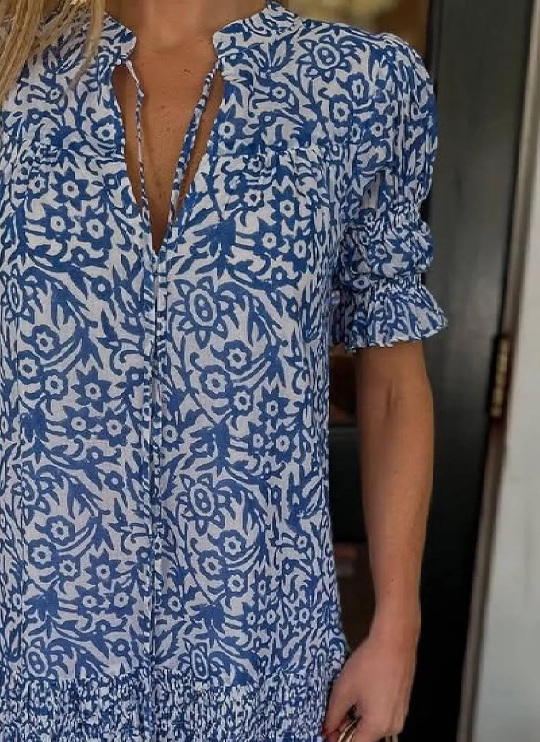 Navy Mini Dress for Women V Neck Puff Sleeve Boho Floral Print Ruffle Casual Flowy A-Line Beach Vacation Mini Dresses