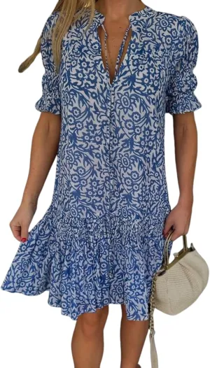 Navy Mini Dress for Women V Neck Puff Sleeve Boho Floral Print Ruffle Casual Flowy A-Line Beach Vacation Mini Dresses