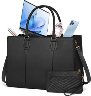 NEWHEY Laptop Bag for Women 15.6 Inch Work Tote Bags Leather Computer Bag with Clutch Purse Professional Office Briefcase Waterproof Handbag for Business Travel College, Black