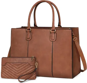 NEWHEY Laptop Bag for Women 15.6 Inch Work Tote Bags Leather Computer Bag with Clutch Purse Professional Office Briefcase Waterproof Handbag for Business Travel College, Brown