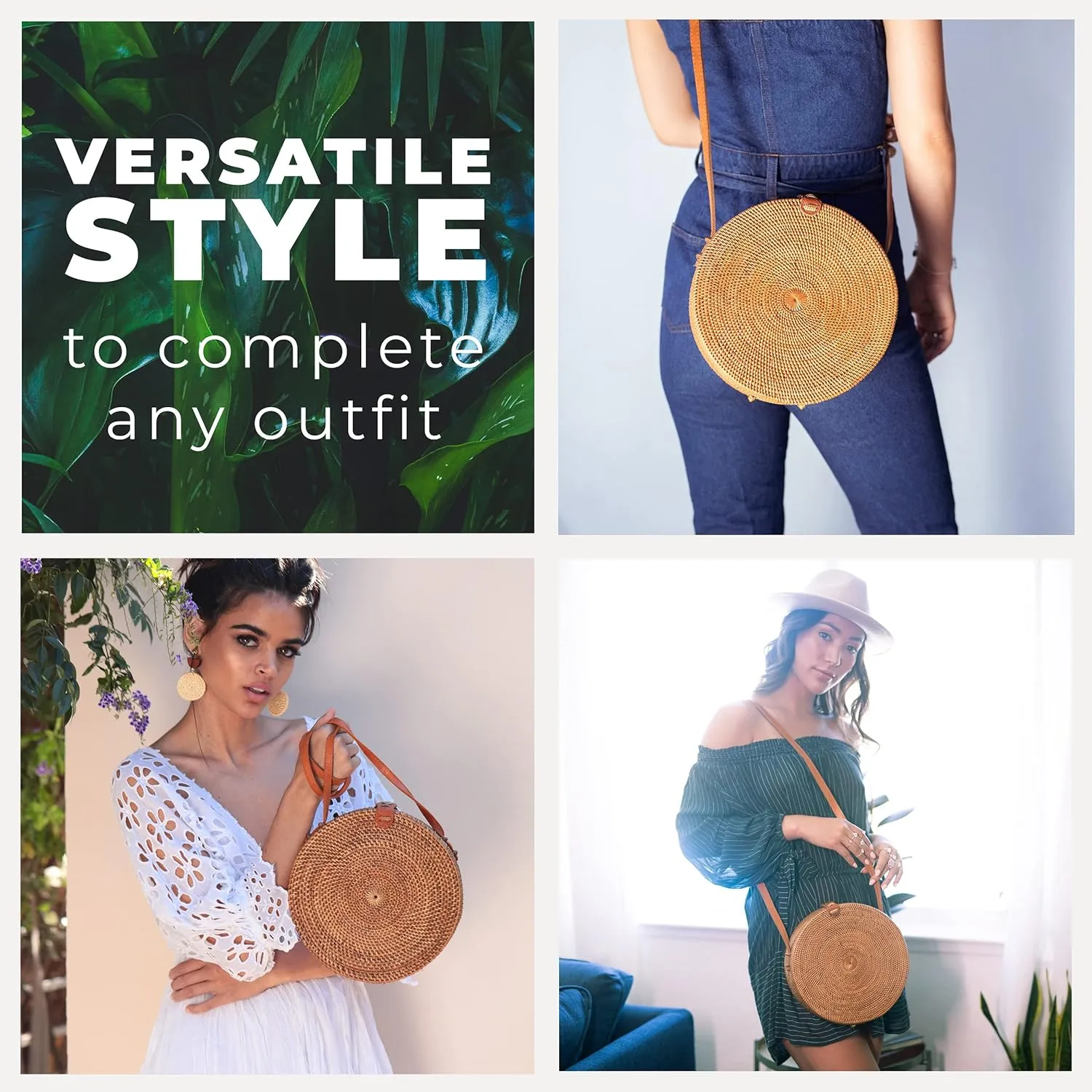 Novum Crafts Round Rattan Bag for Women - Handmade Ata Wicker Woven Purse - Circle, Square, Oval Brown Straw Boho Bags