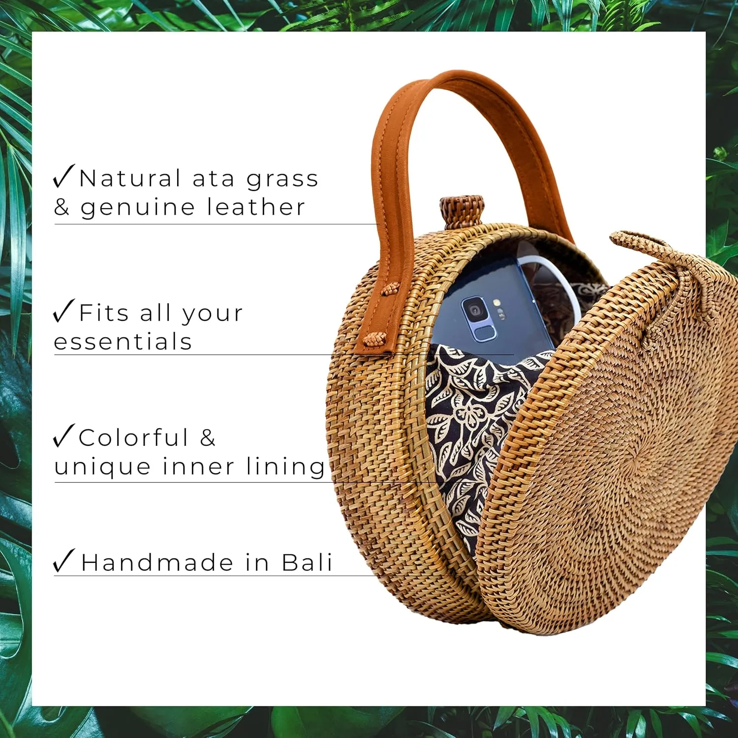 Novum Crafts Round Rattan Bag for Women - Handmade Ata Wicker Woven Purse - Circle, Square, Oval Brown Straw Boho Bags