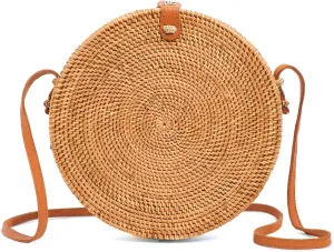 Novum Crafts Round Rattan Bag for Women - Handmade Ata Wicker Woven Purse - Circle, Square, Oval Brown Straw Boho Bags