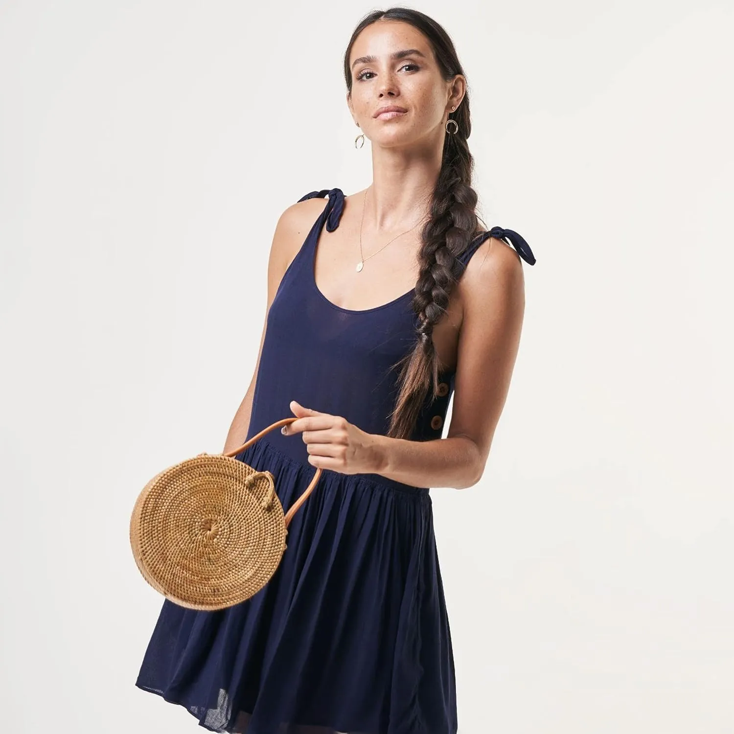 Novum Crafts Round Rattan Bag for Women - Handmade Ata Wicker Woven Purse - Circle, Square, Oval Brown Straw Boho Bags