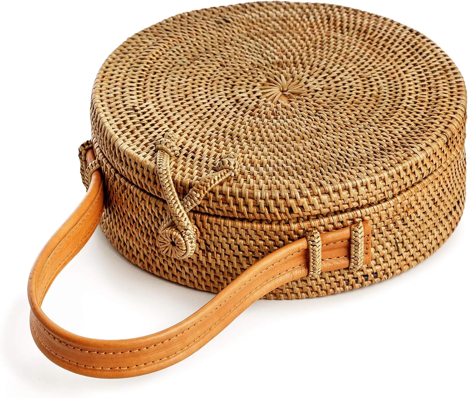 Novum Crafts Round Rattan Bag for Women - Handmade Ata Wicker Woven Purse - Circle, Square, Oval Brown Straw Boho Bags