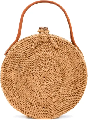 Novum Crafts Round Rattan Bag for Women - Handmade Ata Wicker Woven Purse - Circle, Square, Oval Brown Straw Boho Bags