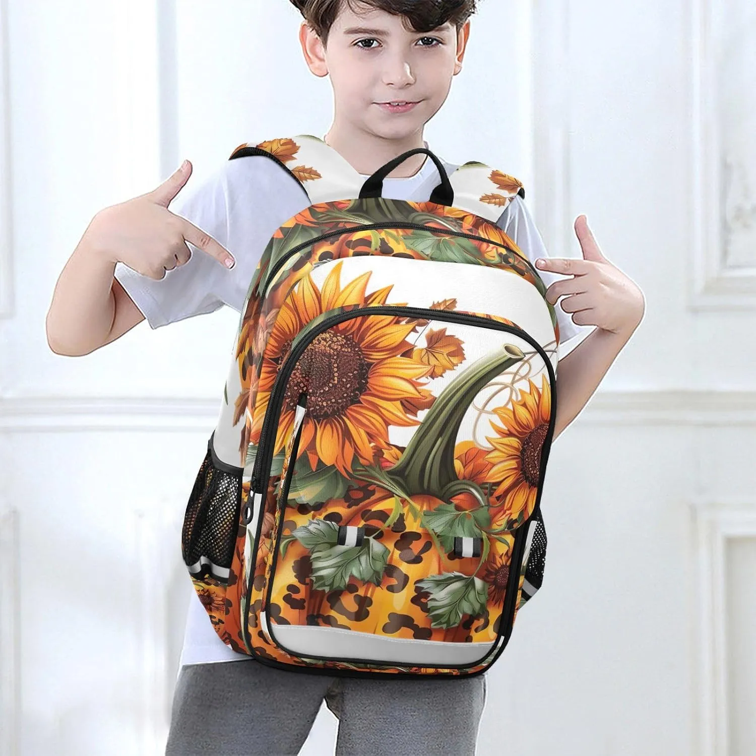 ODAWA Leopard Print Design Pumpkin Kids School Backpack with Reflective Strips Women's Laptop Backpack Travel Daypack