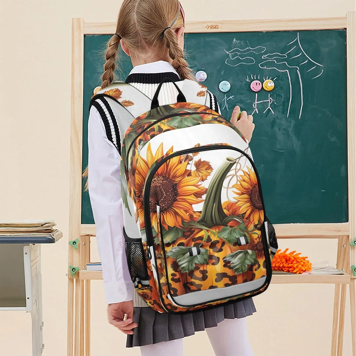 ODAWA Leopard Print Design Pumpkin Kids School Backpack with Reflective Strips Women's Laptop Backpack Travel Daypack