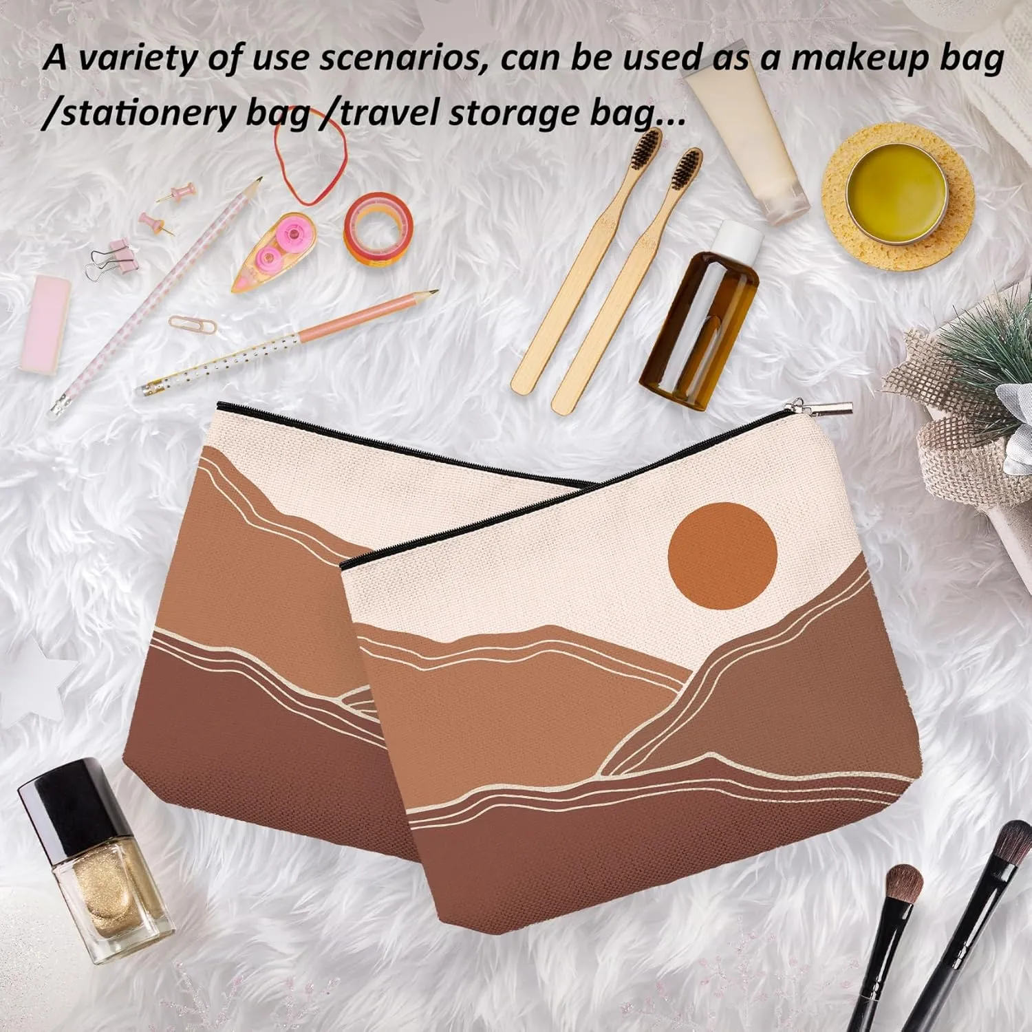 OHSUL Boho Makeup Bag, Boho Nature Cosmetic Bag Makeup Bags for Women Girls Mom, Boho Sun Landscape Nature Mountain Cosmetic Bag, Boho Bohemian Travel Pouch Makeup Bag