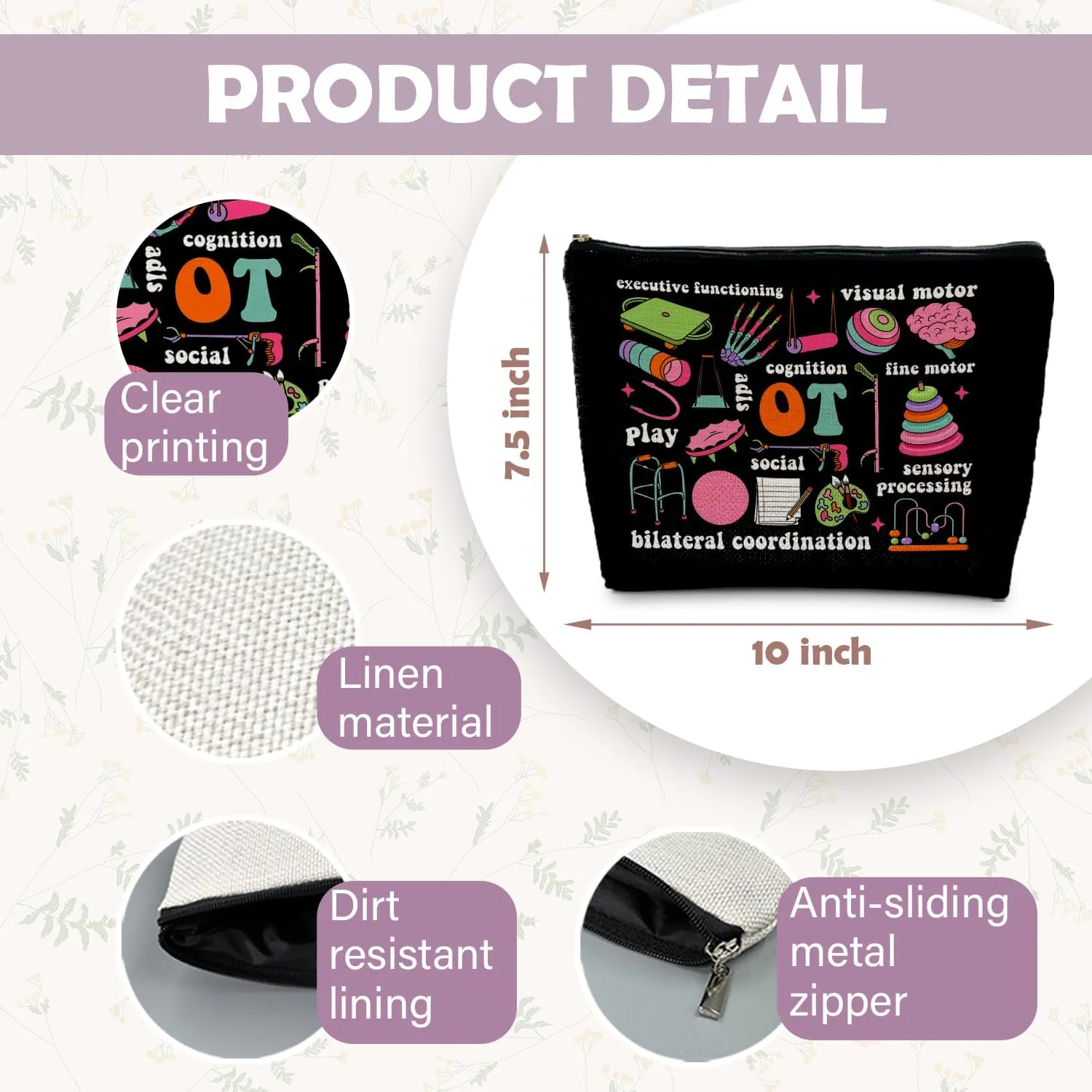 OT Gifts: Boho Floral Occupational Therapy Makeup Bag - Cosmetic Toiletry Bag for Women