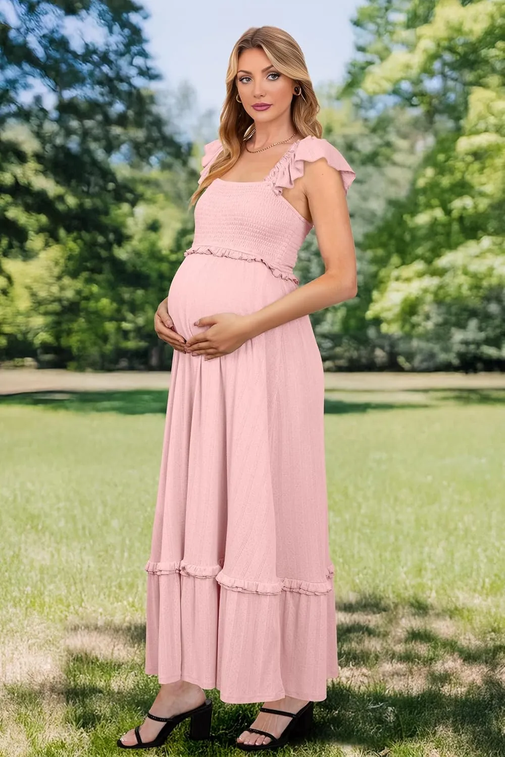OUGES Womens 2025 Summer Maternity Photoshoot Dress Boho Maxi Smocked Baby Shower Dress Ruffle Sleeve Maternity Clothes