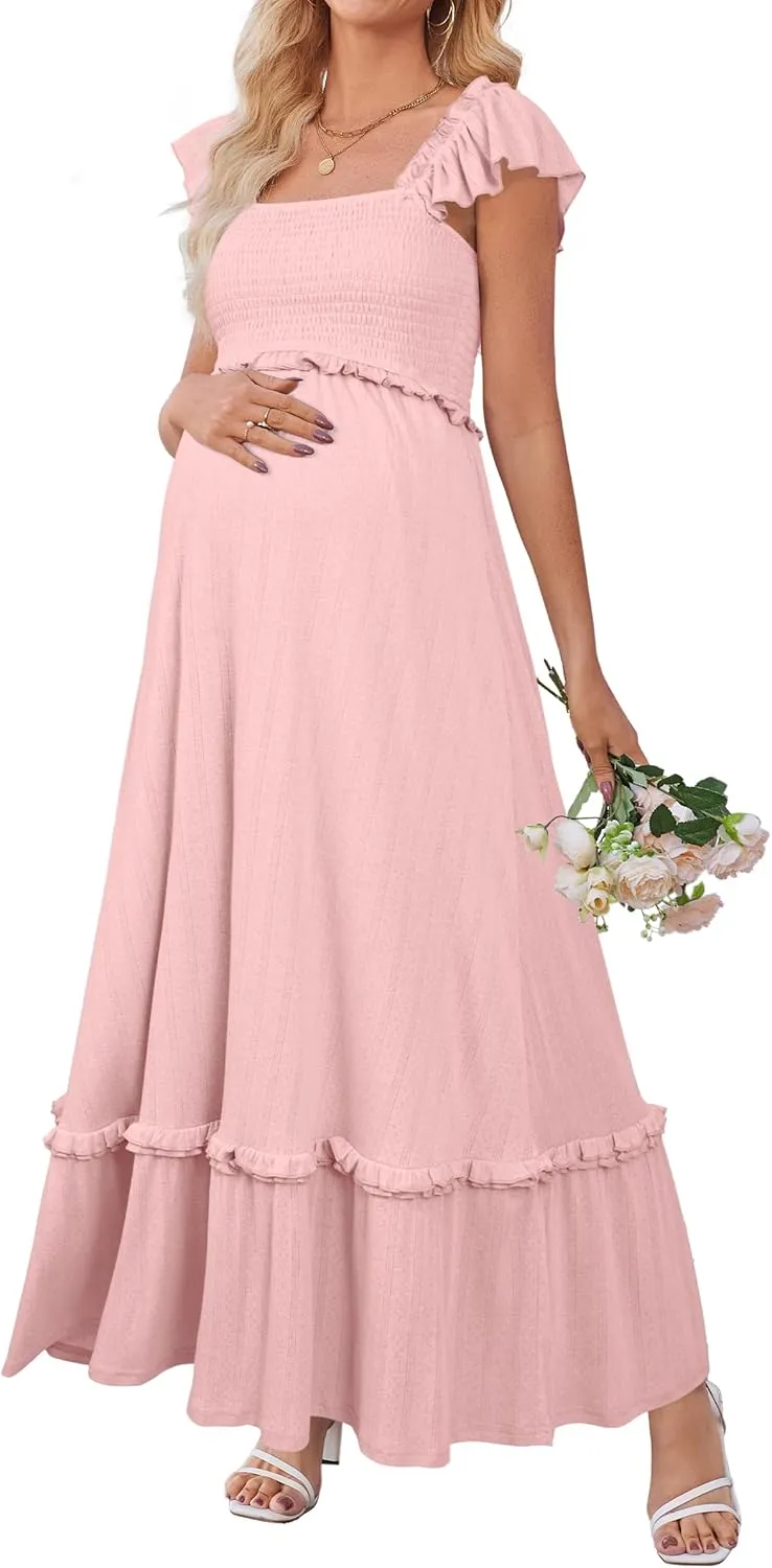 OUGES Womens 2025 Summer Maternity Photoshoot Dress Boho Maxi Smocked Baby Shower Dress Ruffle Sleeve Maternity Clothes