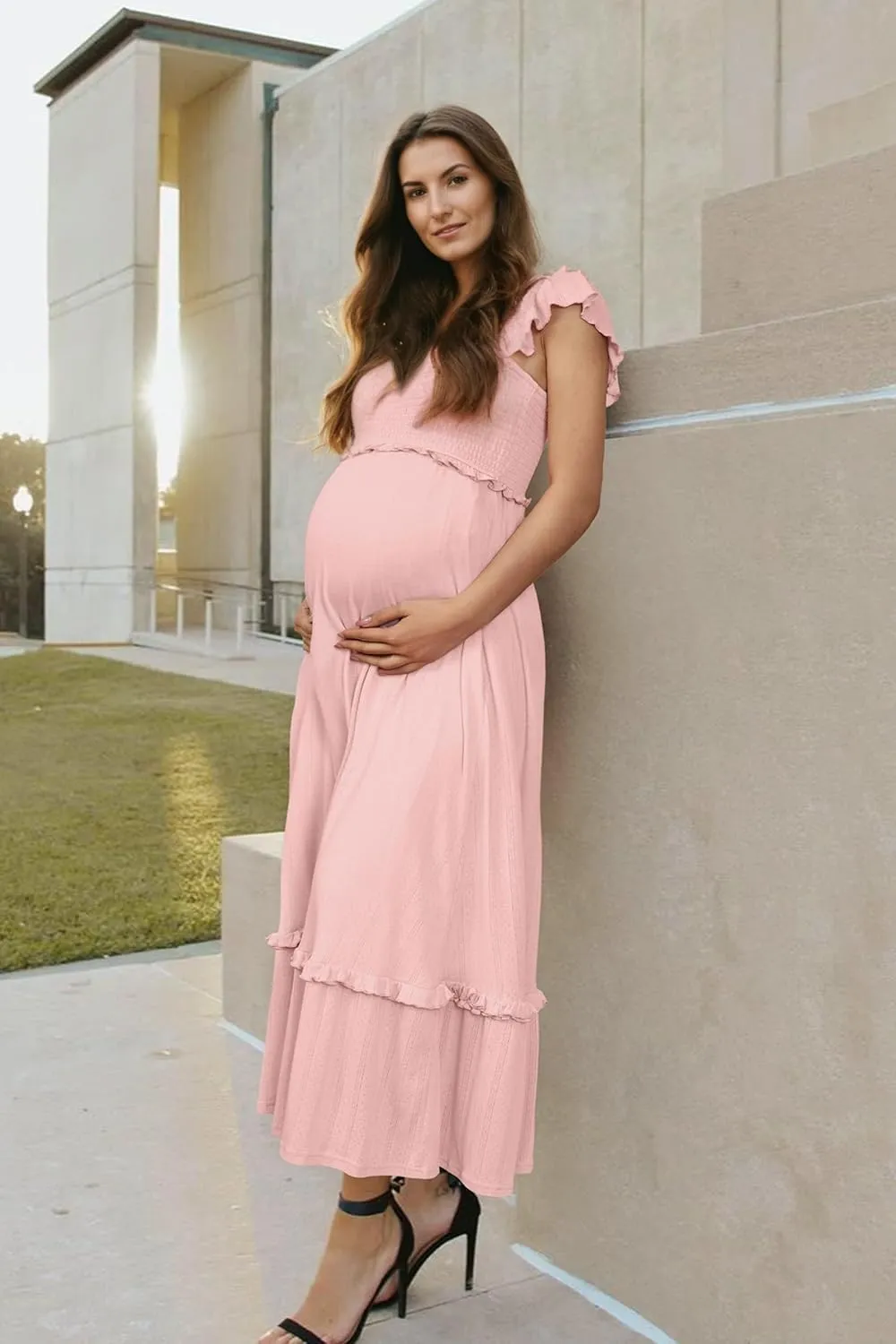 OUGES Womens 2025 Summer Maternity Photoshoot Dress Boho Maxi Smocked Baby Shower Dress Ruffle Sleeve Maternity Clothes