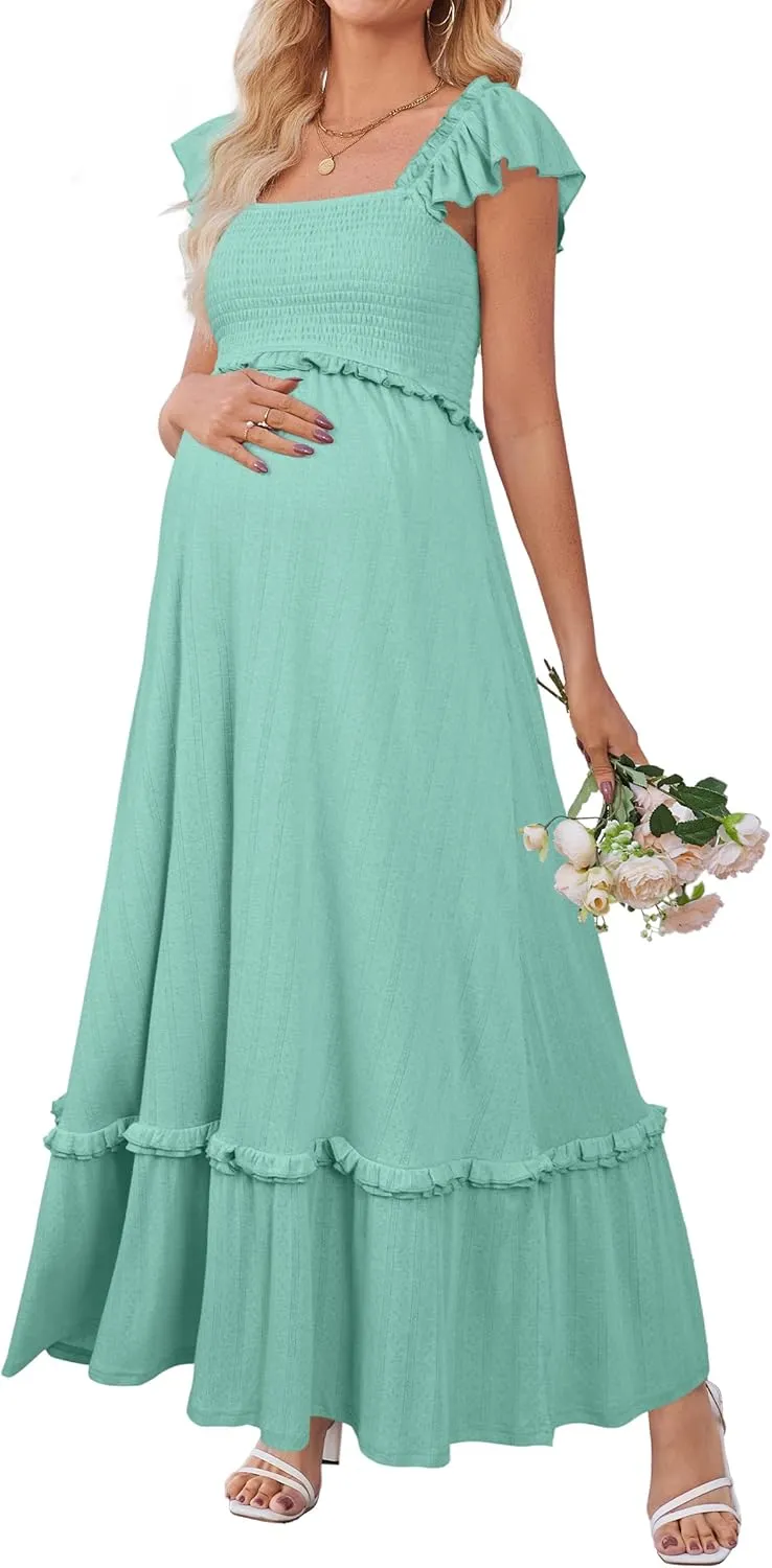 OUGES Womens 2025 Summer Maternity Photoshoot Dress Boho Maxi Smocked Baby Shower Dress Ruffle Sleeve Maternity Clothes